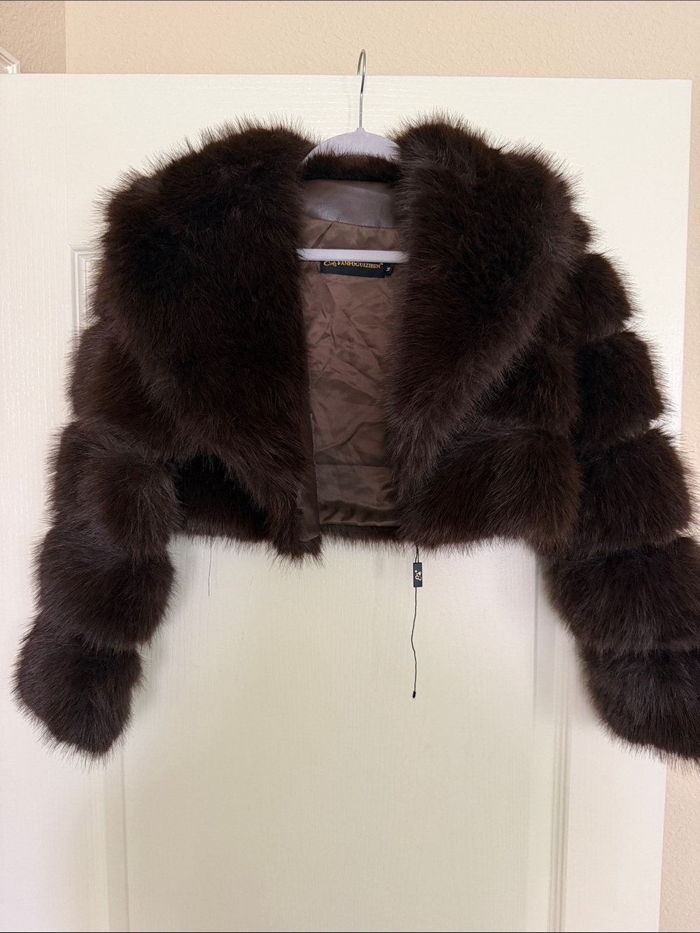 Brown Faux Fur Cropped Jacket - Women's Luxury Short Coat